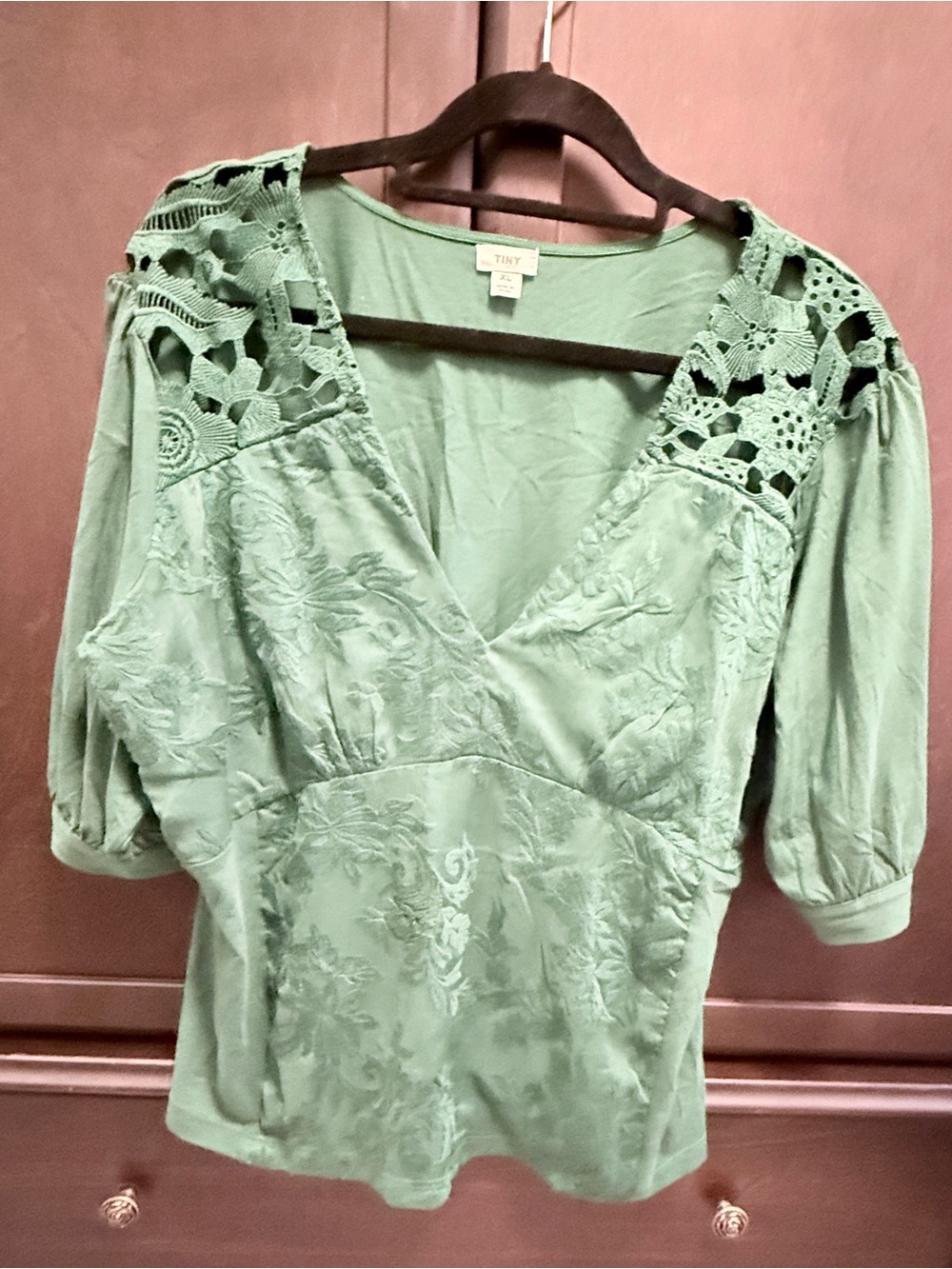 Anthropologie Tiny Green Crochet-Detail V-Neck Blouse